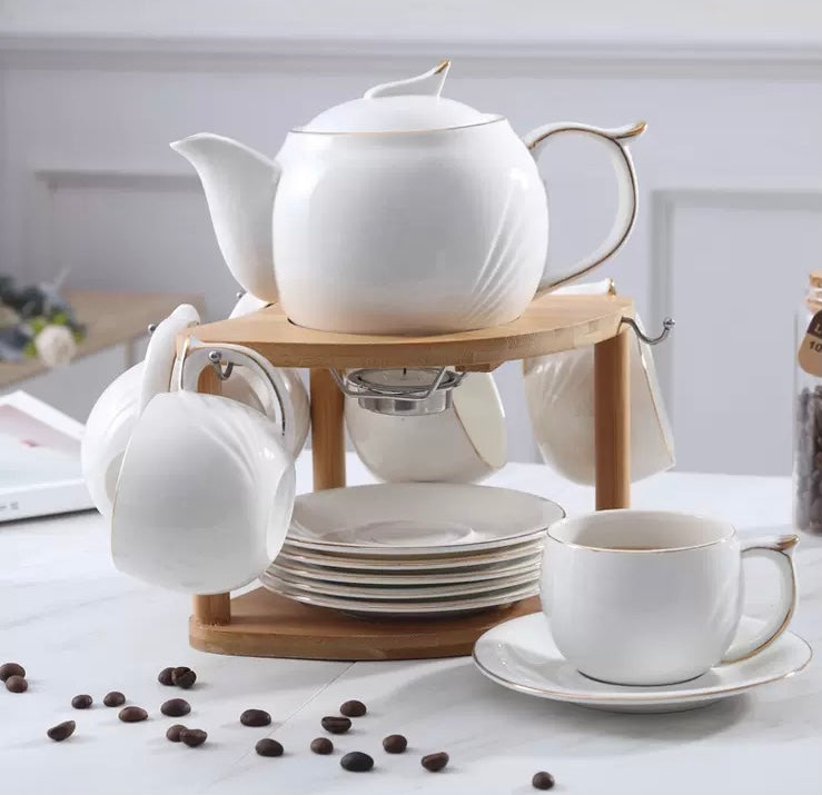 Tea set with wooden stand with candle warming base