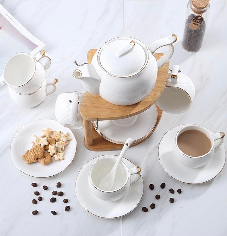 Tea set with wooden stand with candle warming base