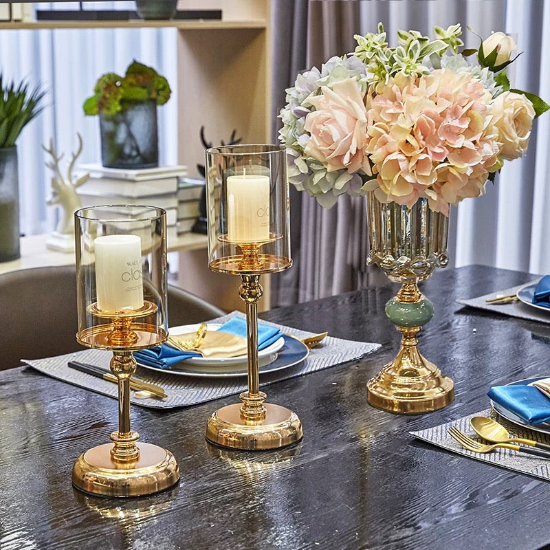 طقم حاملات شموع وفازه ذهبية